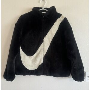 Nike Faux Fur Swoosh Jacket Oversized Coat Black / Fossil Size XS